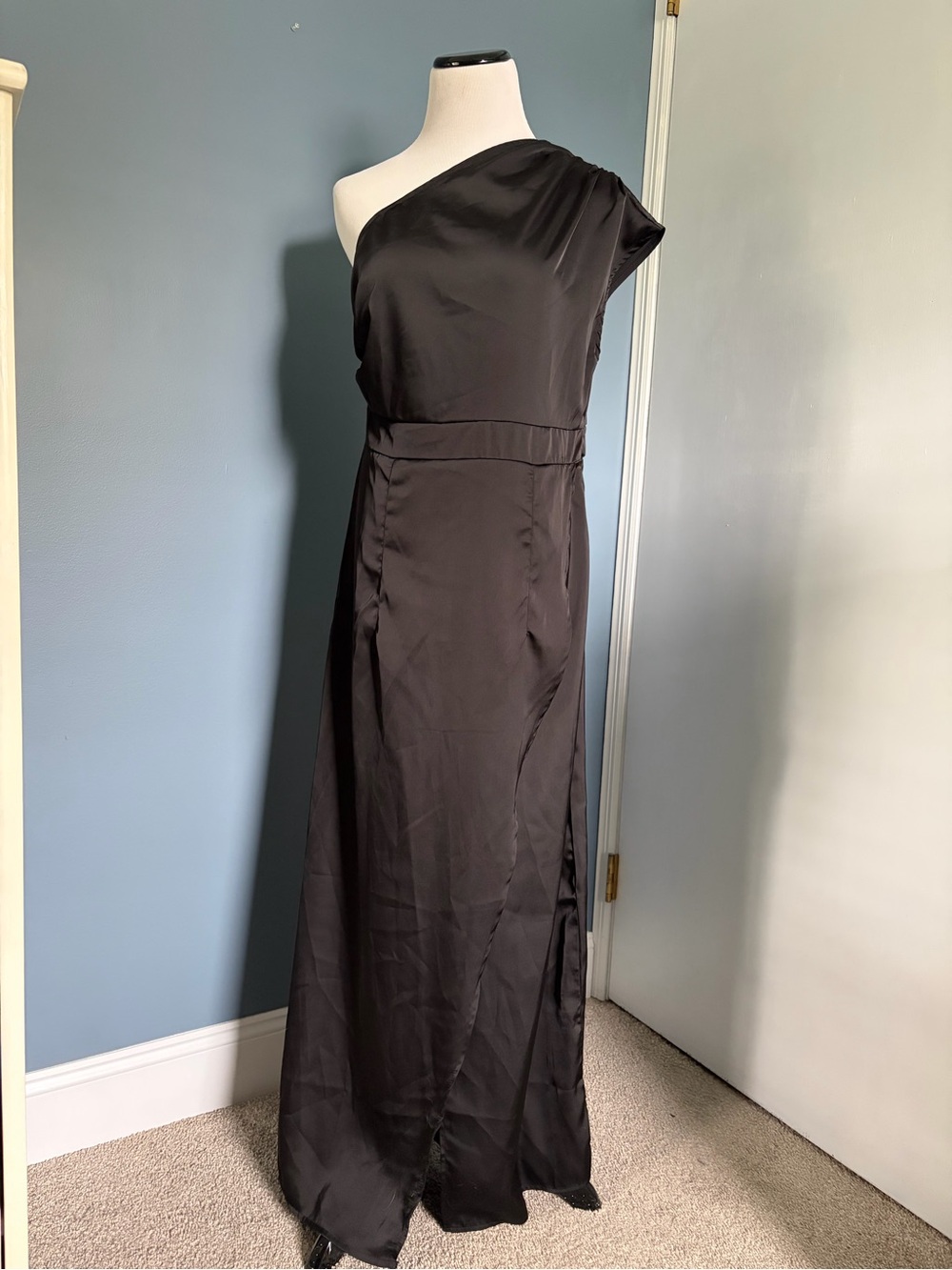 Made with Love Blue One Shoulder Satin Dress with Split